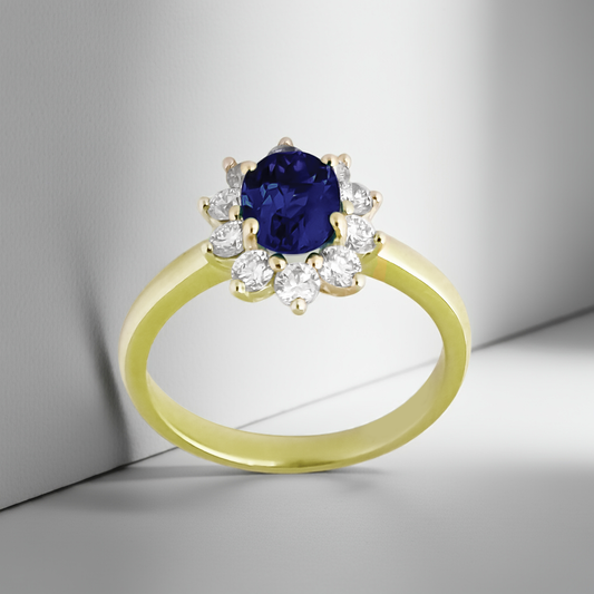 1.12ct Lab-Grown Diamond Halo with Sapphire Engagement Ring in 9ct Gold
