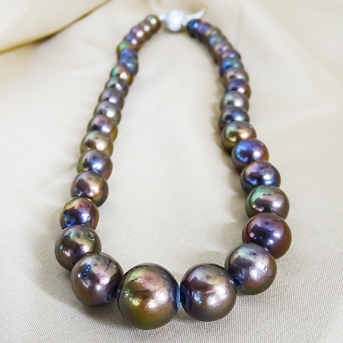 Tahitian Copper Green Pearl Necklace with Sterling Silver Ball Clasp