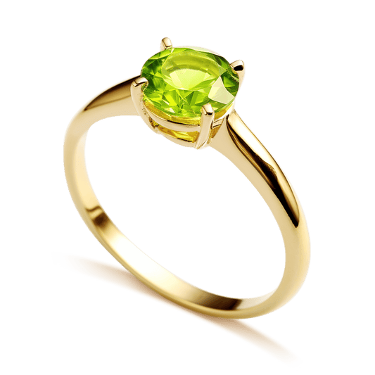 0.85ct Peridot Solitaire Engagement Ring in a four-claw setting and band in 9ct Yellow Gold.