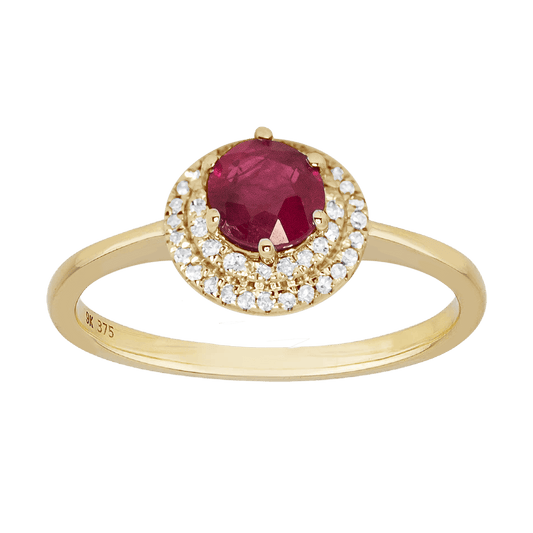 Round 0.50ct Ruby set in a double-layered Halo of Diamonds with a 9ct Yellow Gold band.  Main Stone: 0.50ct Ruby Color: AA Clarity: Eye Clean  Natural Diamonds: 0.12ct Total Color: G-H Clarity: Si Metal: 375 - 9ct Yellow Gold