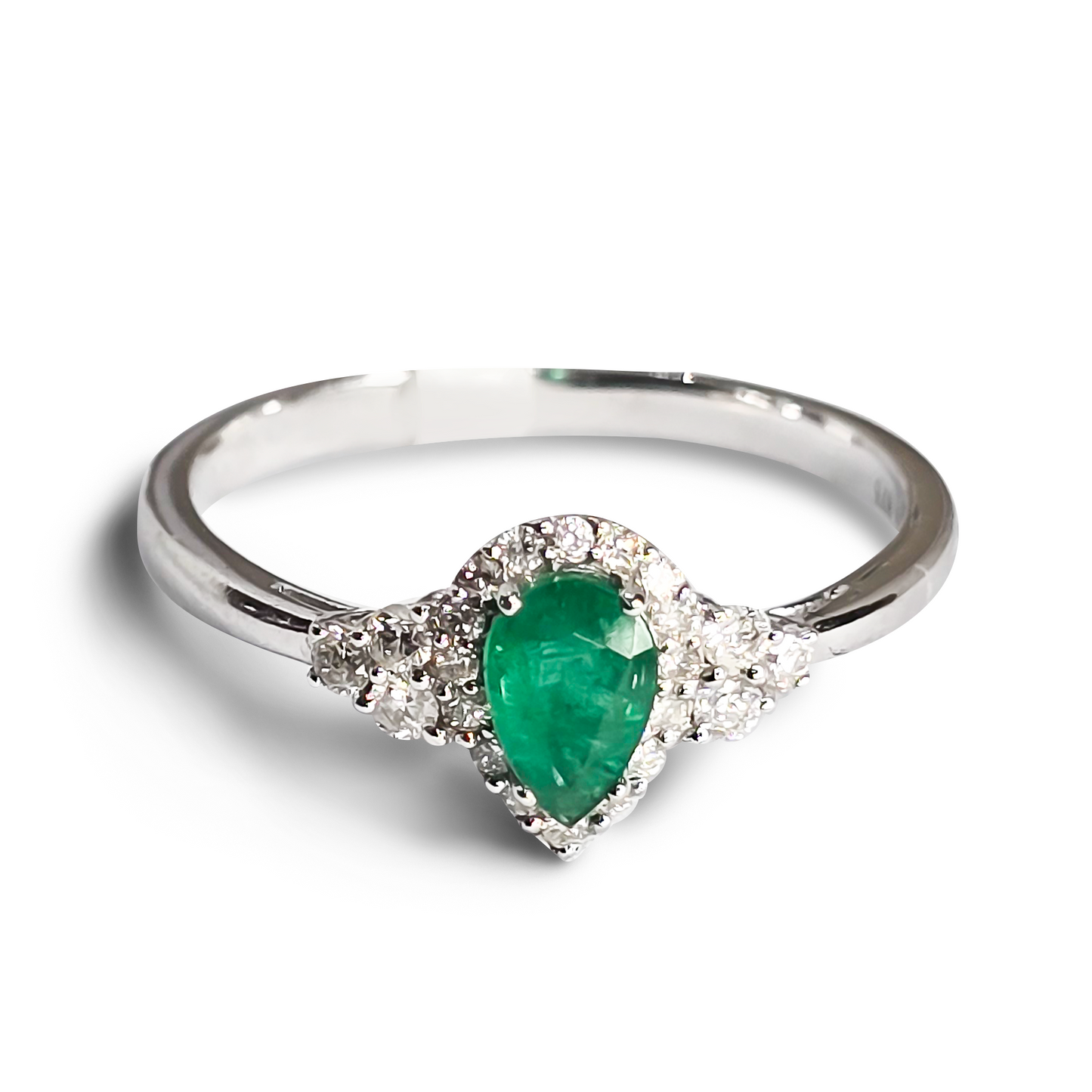 0.37ct Teardrop Emerald and Diamond Halo Wedding Ring in 9ct White Gold