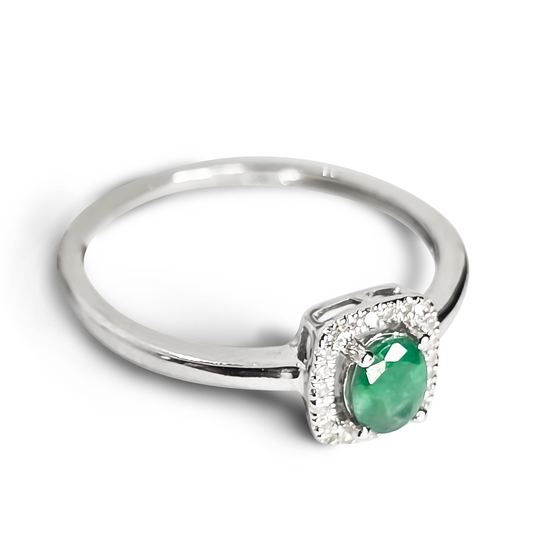 Oval Emerald and Diamond Halo Wedding Ring in 9ct White Gold