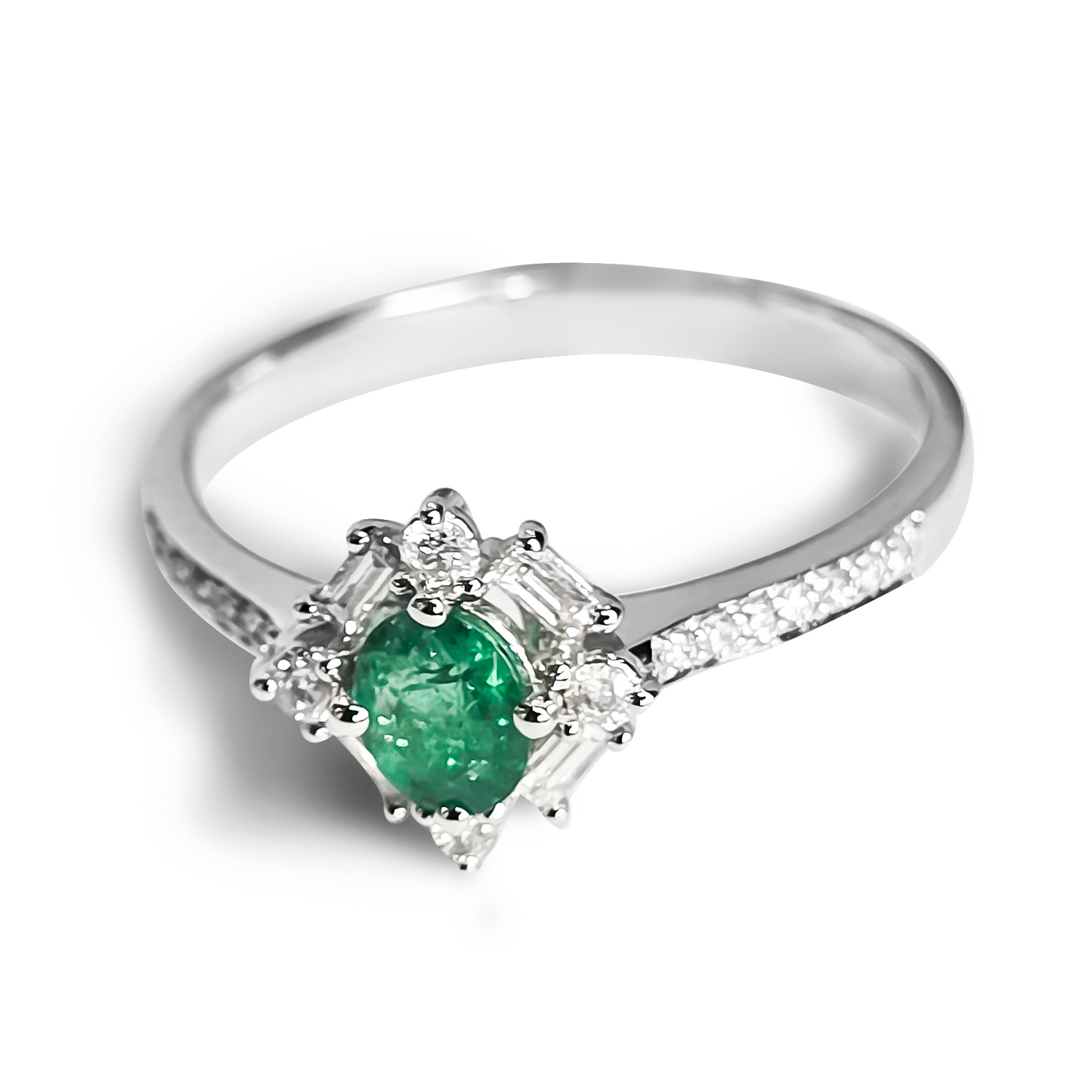 Round Emerald and Diamond Halo Wedding Ring in 9ct White Gold