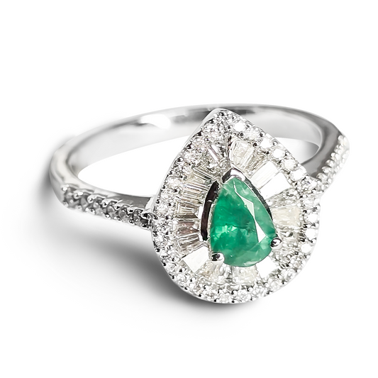 Teardrop Emerald and Diamond Halo Wedding Ring in 9ct White Gold