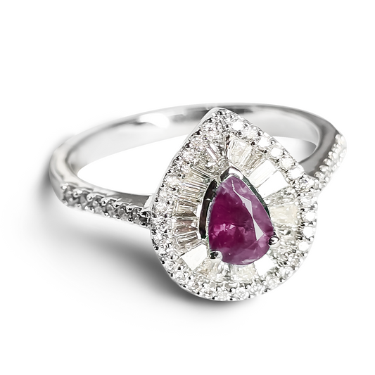 Teardrop Ruby and Diamond Halo Wedding Ring in 9ct White Gold