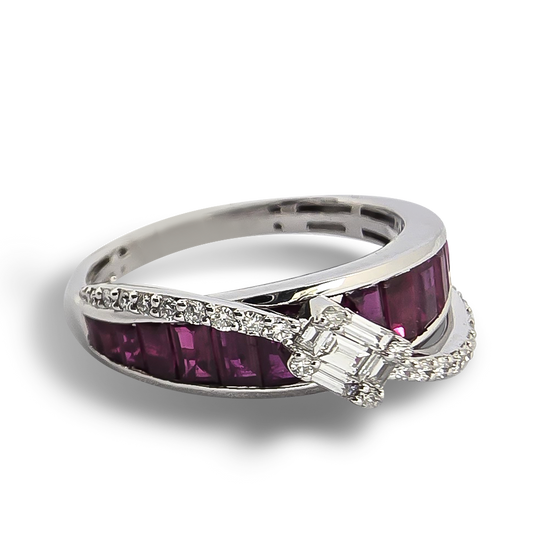 Ruby and Diamond Eternity Crossover Wedding Ring in 9ct White Gold