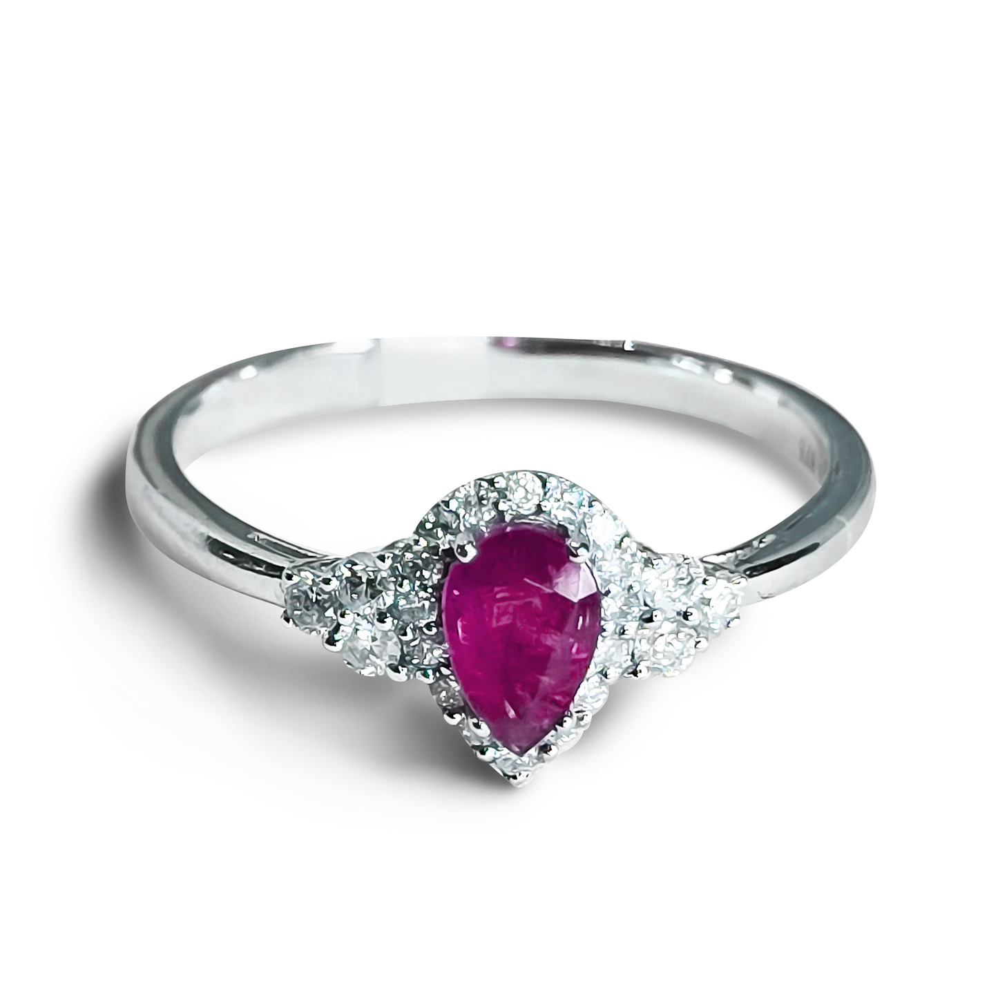 0.37ct Teardrop Ruby and Diamond Halo Wedding Ring in 9ct White Gold