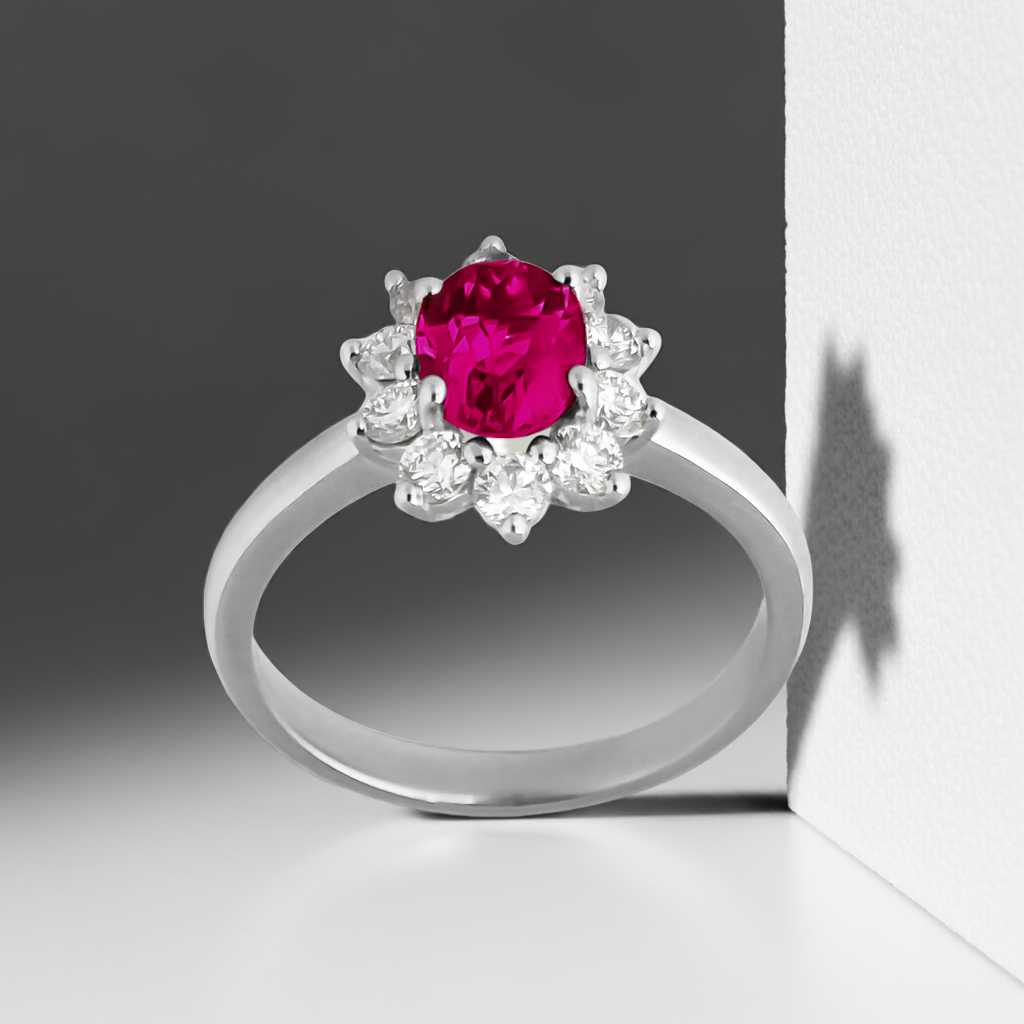 1.05ct Lab-Grown Diamond Halo with Ruby Engagement Ring in 9ct Gold