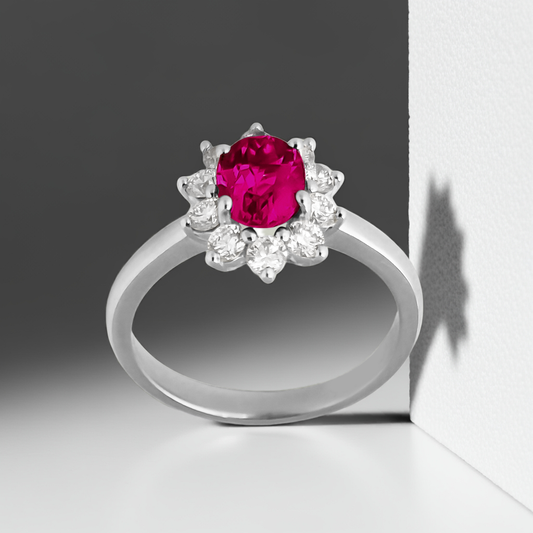 1.05ct Lab-Grown Diamond Halo with Ruby Engagement Ring in 9ct Gold