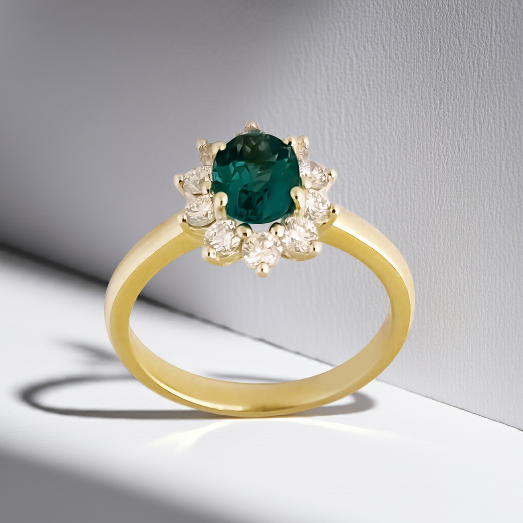 0.72ct Lab-Grown Diamond Halo with Emerald Engagement Ring in 9ct Gold