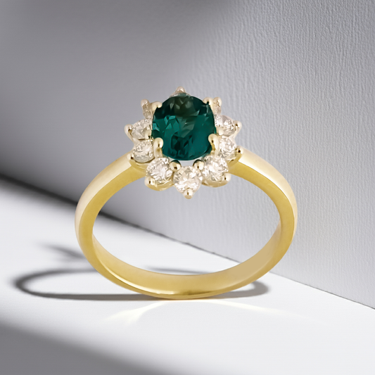 0.72ct Lab-Grown Diamond Halo with Emerald Engagement Ring in 9ct Gold