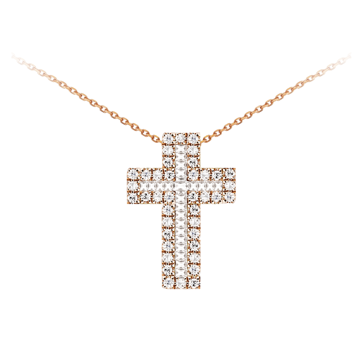 15mm Diamond Baguette Cross Necklace in 9ct Rose Gold