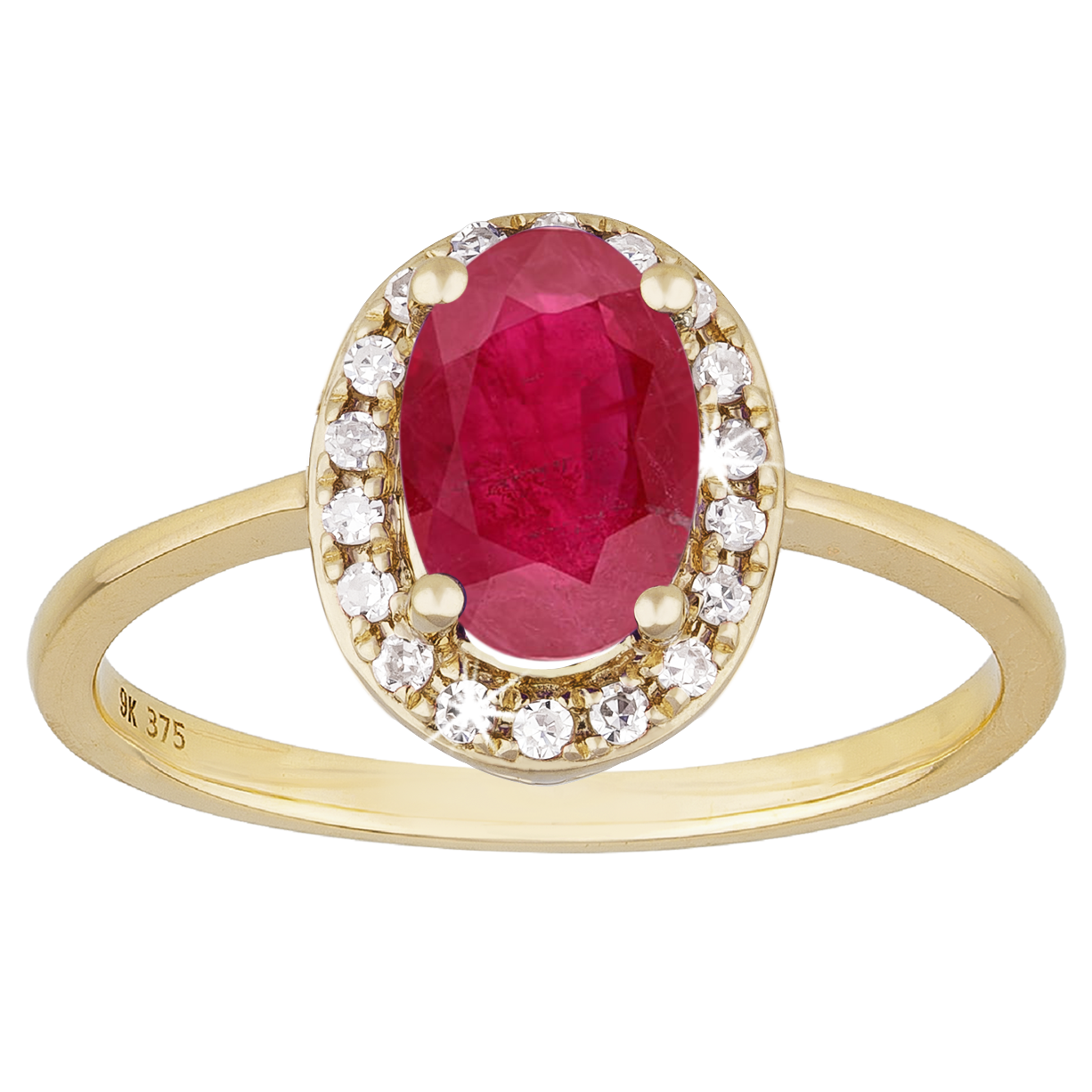 Oval 0.60ct Ruby set in an Oval Halo of Diamonds with a 9ct Yellow Gold band.