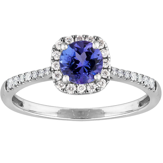 Perfect Pair Tanzanite and Diamond Cushion Halo Ring in 14ct White Gold