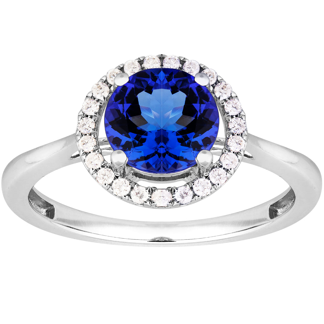 Perfect Pair Tanzanite and Diamond Halo Ring in 14ct White Gold