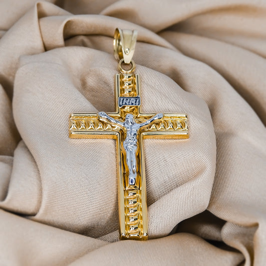 6.5cm Flat Raffle Design Crucifix Cross Pendant in 9ct Yellow Gold