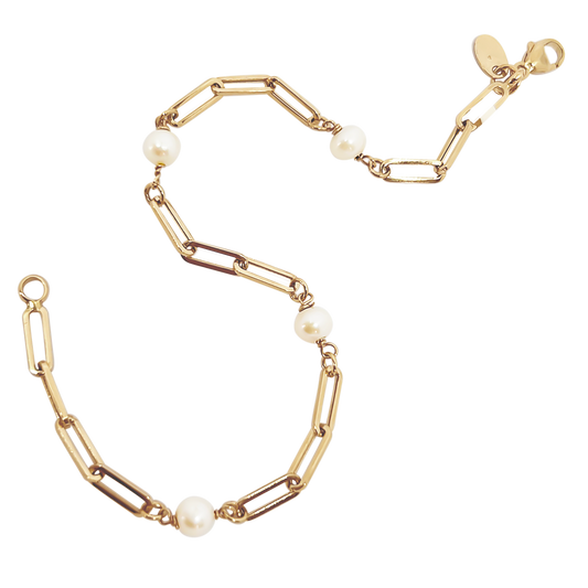 Pearl Paperclip Link Bracelet with 9ct Yellow Gold