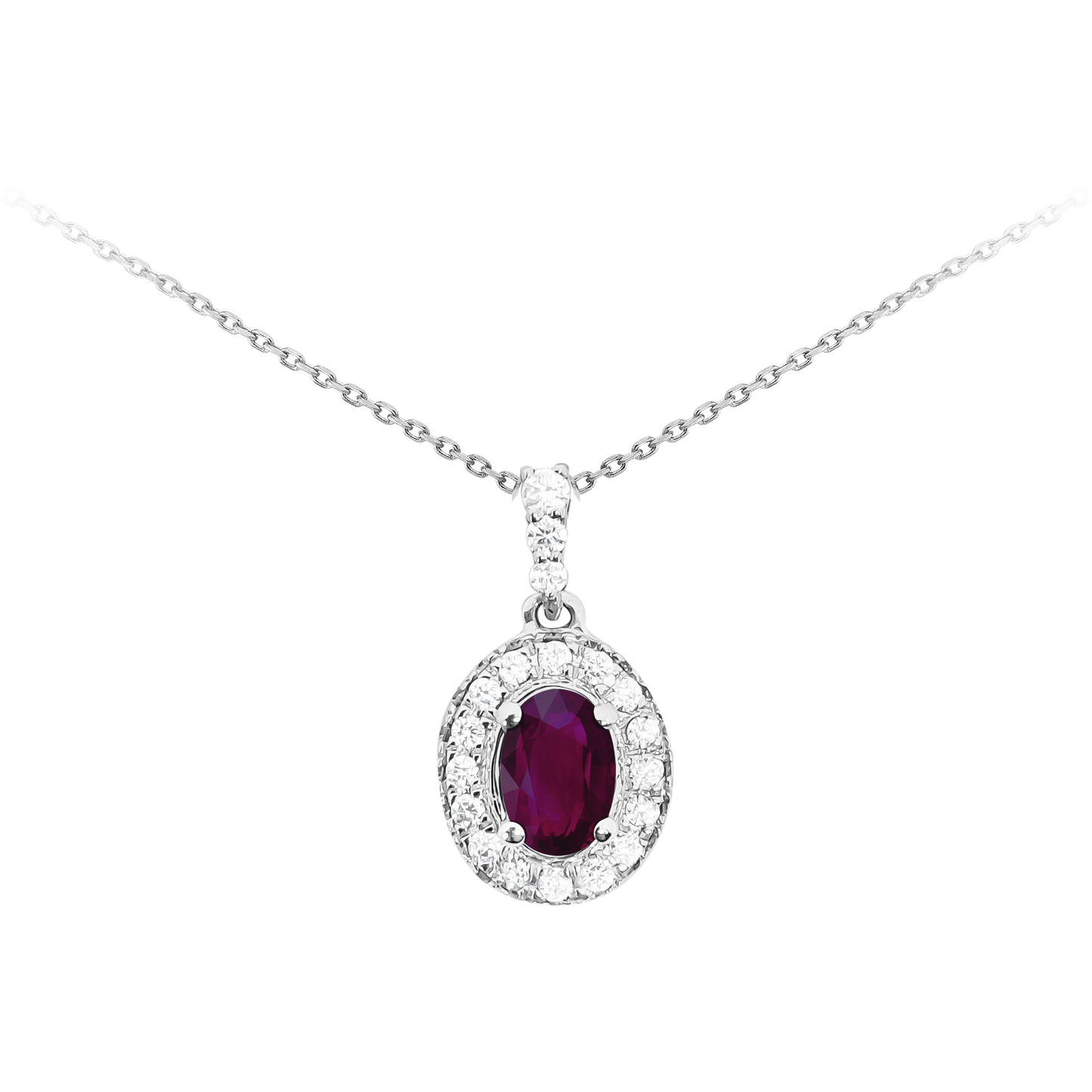 Madagascan Oval Ruby & Diamond Halo Pendant in 9ct White Gold