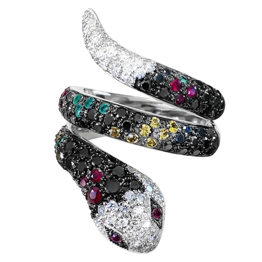 Rainbow Sapphire and Black Diamond Snake Ring in 14ct White Gold
