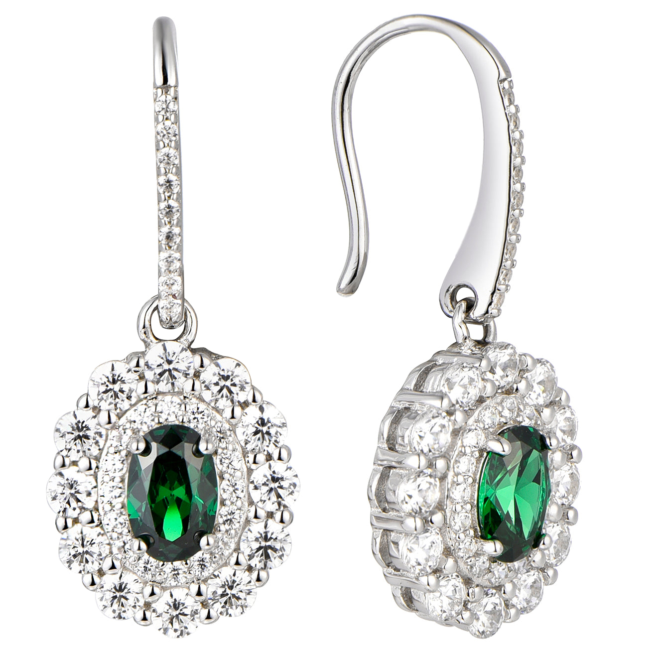 Created Emerald Oval Halo Drop Studs in 925 Sterling Silver