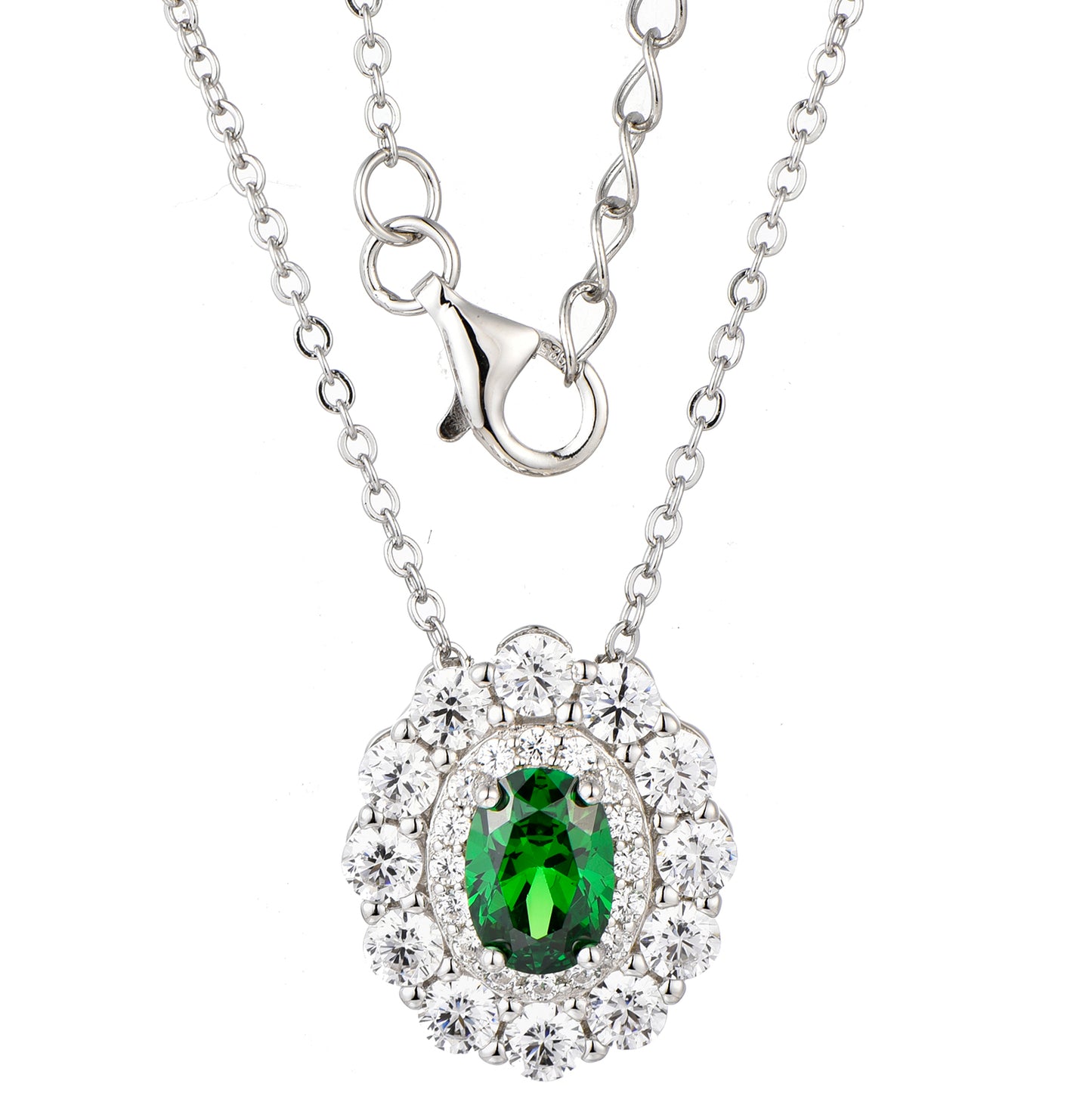 Created Emerald Oval Halo Pendant on Necklace in 925 Sterling Silver