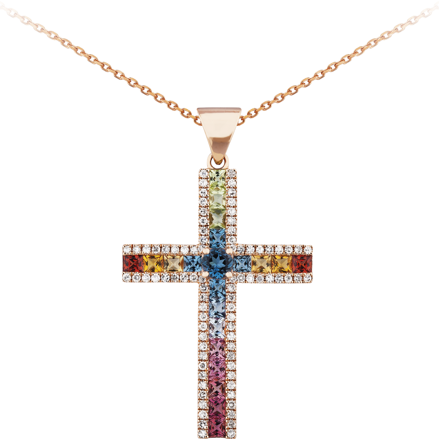 27mm Rainbow Sapphire and Diamond Cross Necklace in 9ct Rose Gold