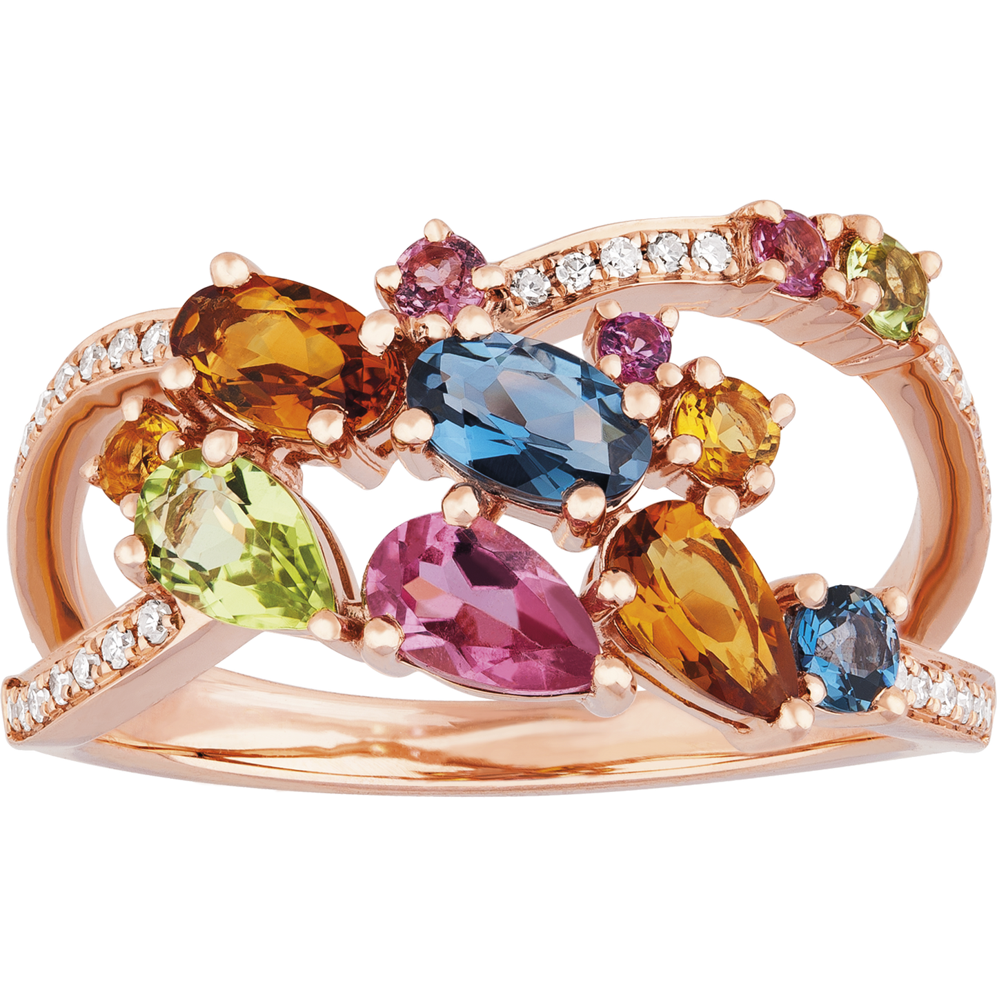 3.38ct Pink Tourmaline, Peridot, London Blue Topaz, Citrine, Pear Cuts, and 0.10ct Diamond Ring in 9ct Rose Gold.