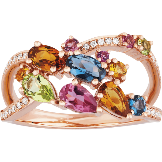 3.38ct Pink Tourmaline, Peridot, London Blue Topaz, Citrine, Pear Cuts, and 0.10ct Diamond Ring in 9ct Rose Gold.
