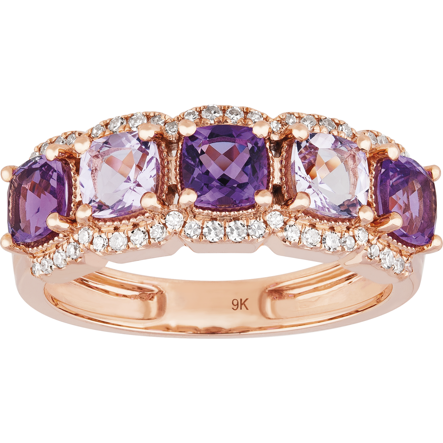 3.70ct Amethyst Princess Cut and 0.16ct Diamond Ring in 9ct Rose Gold.