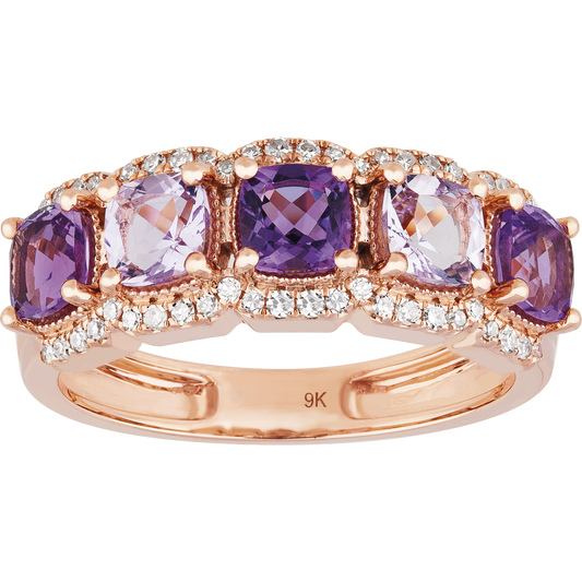 3.70ct Amethyst Princess Cut and 0.16ct Diamond Ring in 9ct Rose Gold.