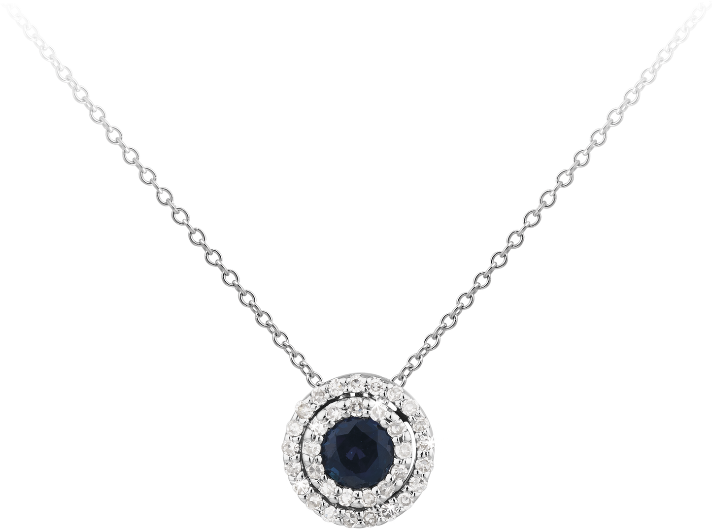 Double Halo Sapphire and Diamond necklace in 9ct White Gold