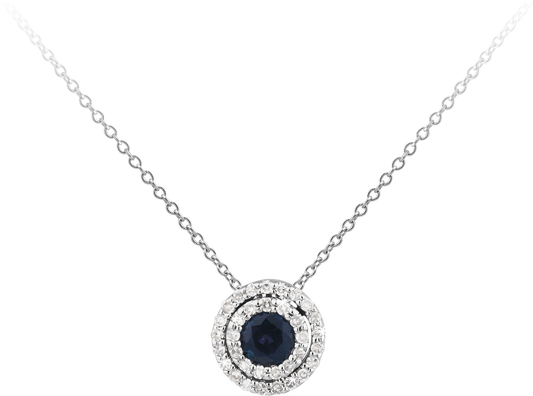 Double Halo Sapphire and Diamond necklace in 9ct White Gold