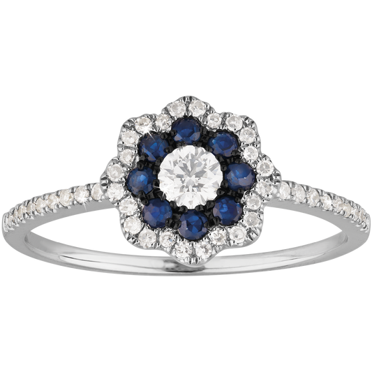 Halo Flower Sapphire and Diamond Halo Ring in 9ct White Gold