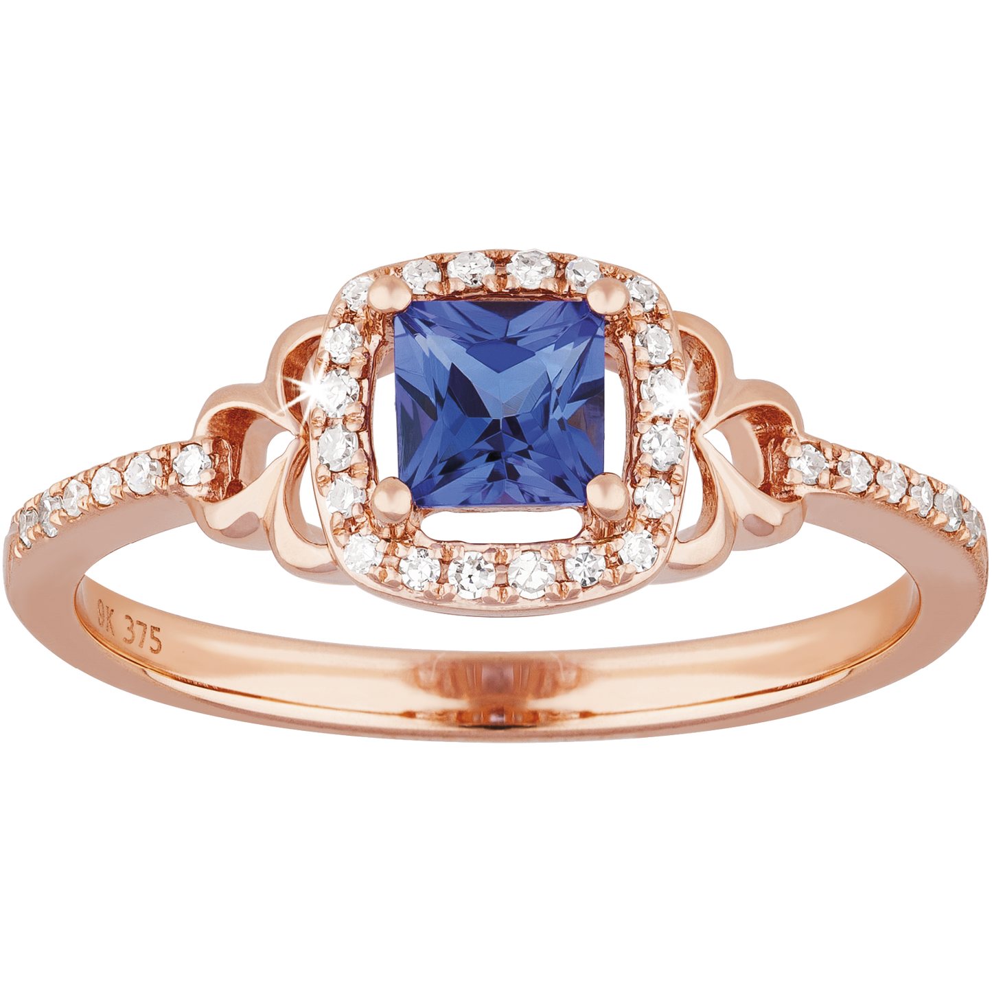 0.33ct Tanzanite and Diamond Halo Princess Cut Ring in 9ct Rose Gold