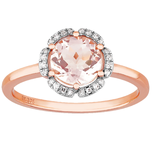 1.25ct Morganite Diamond Leaf Halo Ring in 9ct Rose Gold