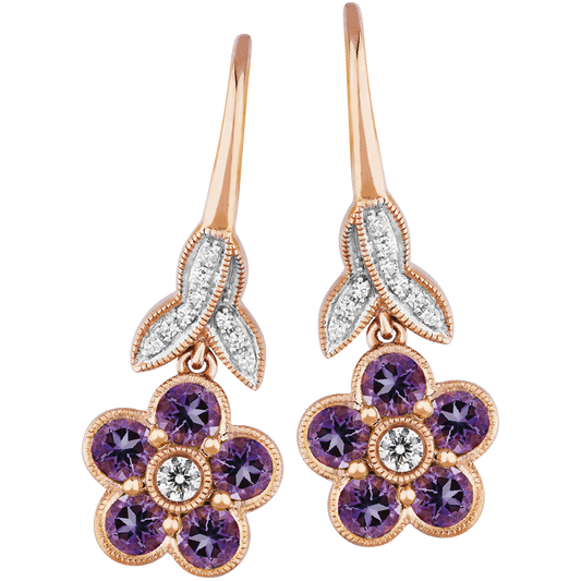 Floral Amethyst and Diamond Drop Studs in 9ct Rose Gold