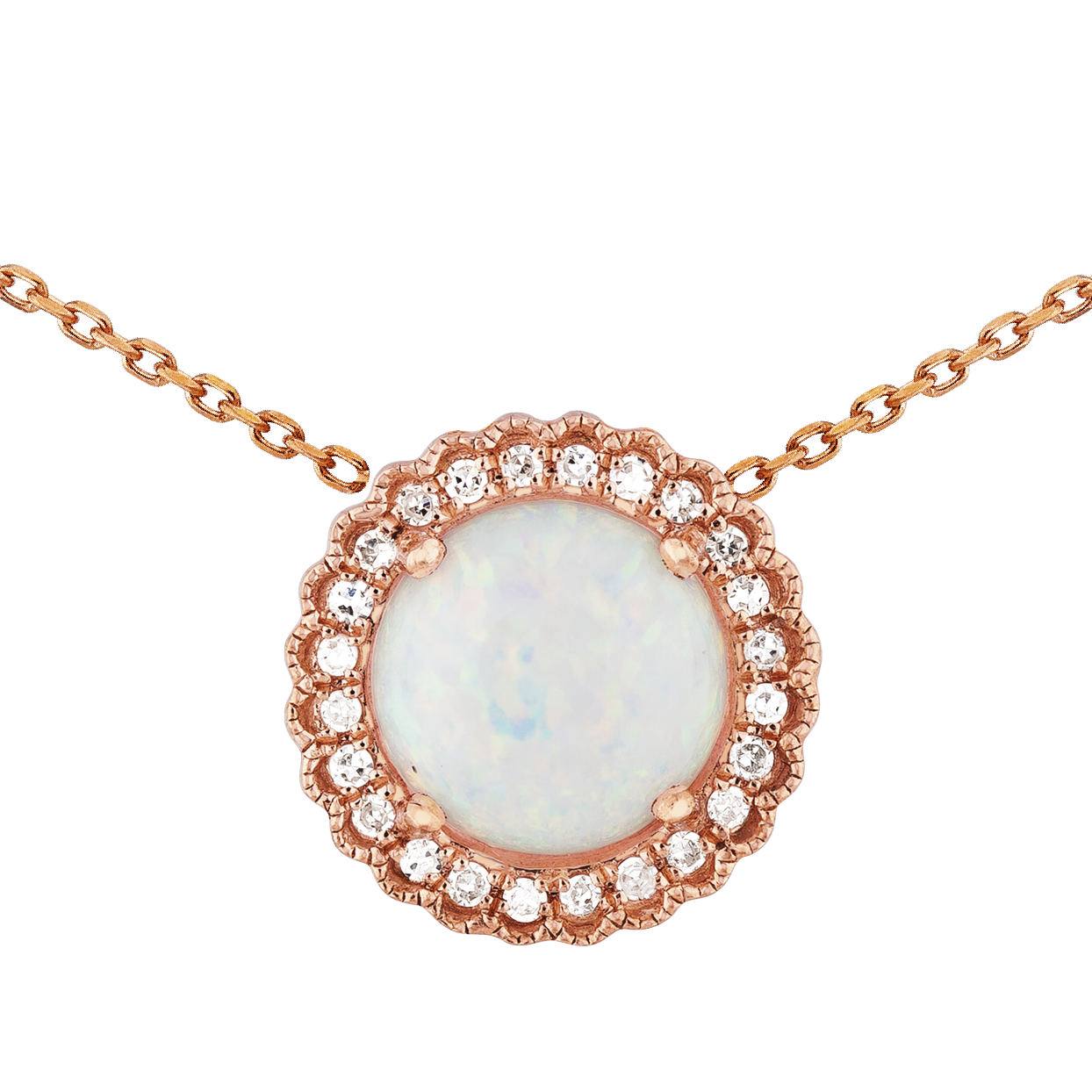 Opal and Diamond Halo Necklace in 9ct Rose Gold