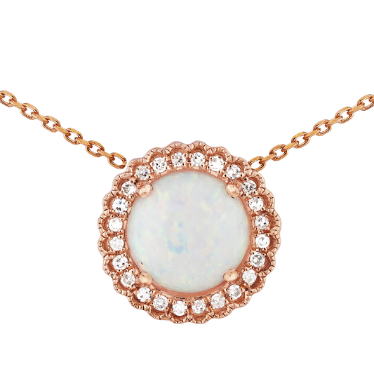 Opal and Diamond Halo Necklace in 9ct Rose Gold