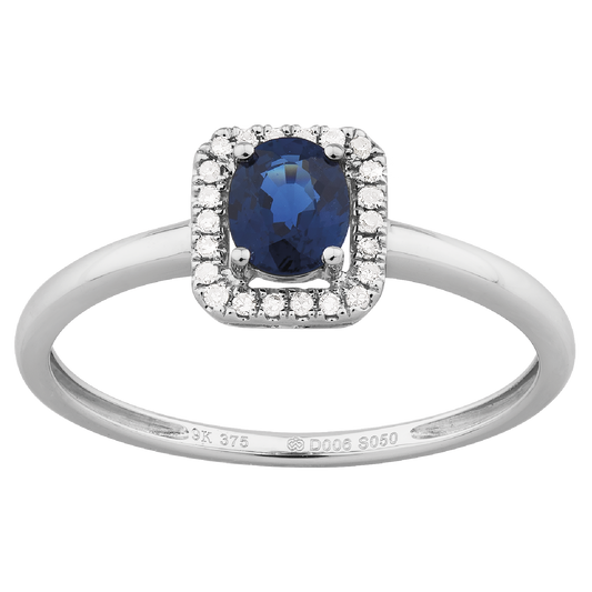 Gorgeous AAA Deep Blue Oval Sapphire surrounded by a Cushion Halo set with Diamonds in 9ct White Gold.