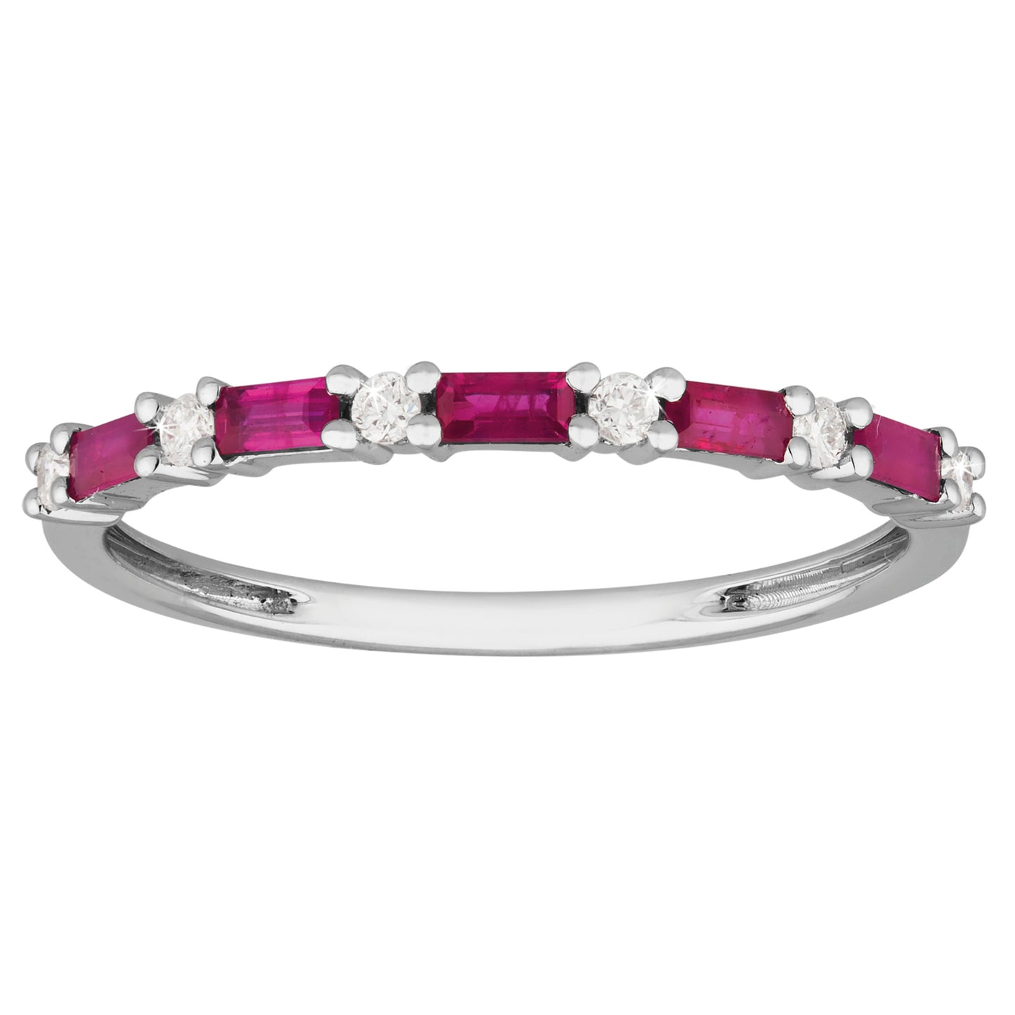Six Beautiful Baquette Cut Ruby with Small Round Diamond Intervals with a eternity band design in 9ct White Gold.