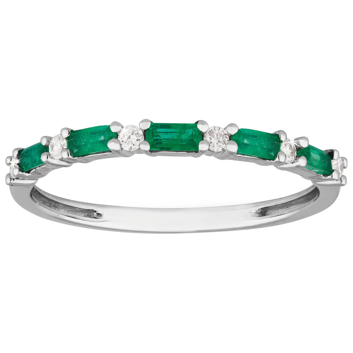 Six Beautiful Baquette Cut Emeralds with Small Round Diamond Intervals with a eternity band design in 9ct White Gold.