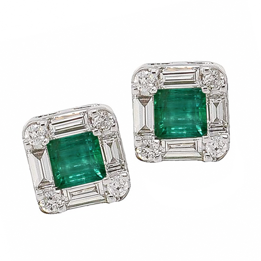 0.14ct Emerald & Diamond Halo Baguette Huggies in 9ct White Gold