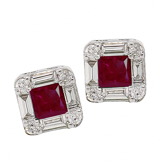 0.20ct Ruby & Diamond Halo Baguette Huggies in 9ct White Gold