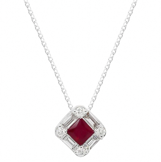 0.26ct Ruby and Diamond Baguette Pendant in 9ct White Gold
