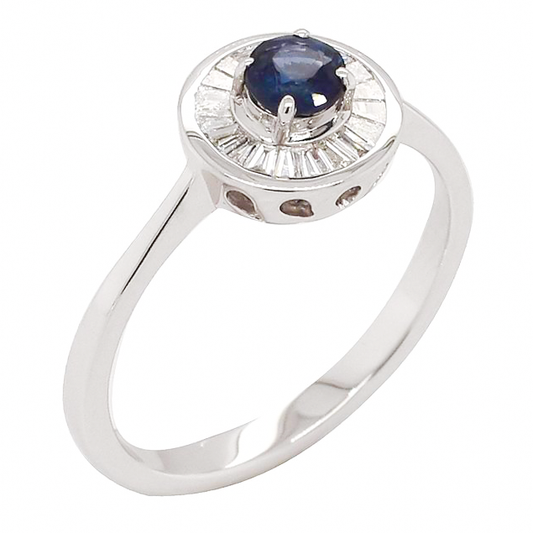 0.29ct Sapphire and Diamond Baguette Halo Ring in 9ct White Gold