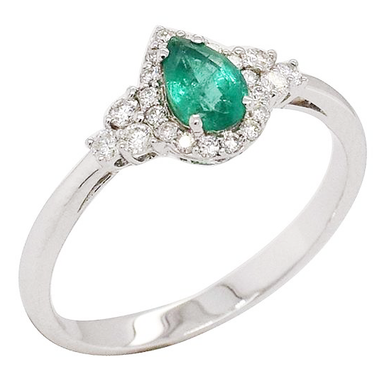 0.37ct Emerald and Diamond Pear Shaped Halo Design Ring in 9ct White Gold