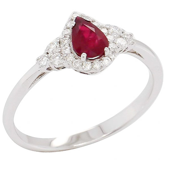 0.35ct Ruby and Diamond Pear Shaped Halo Design Ring in 9ct White Gold