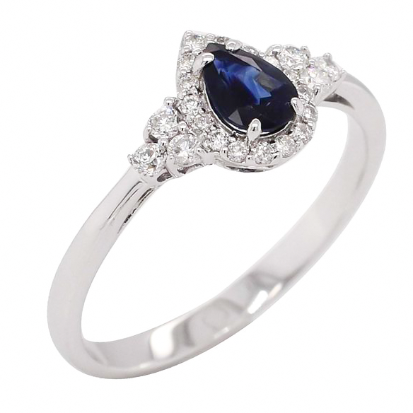 0.45ct Sapphire and Diamond Pear Shaped Halo Design Ring in 9ct White Gold