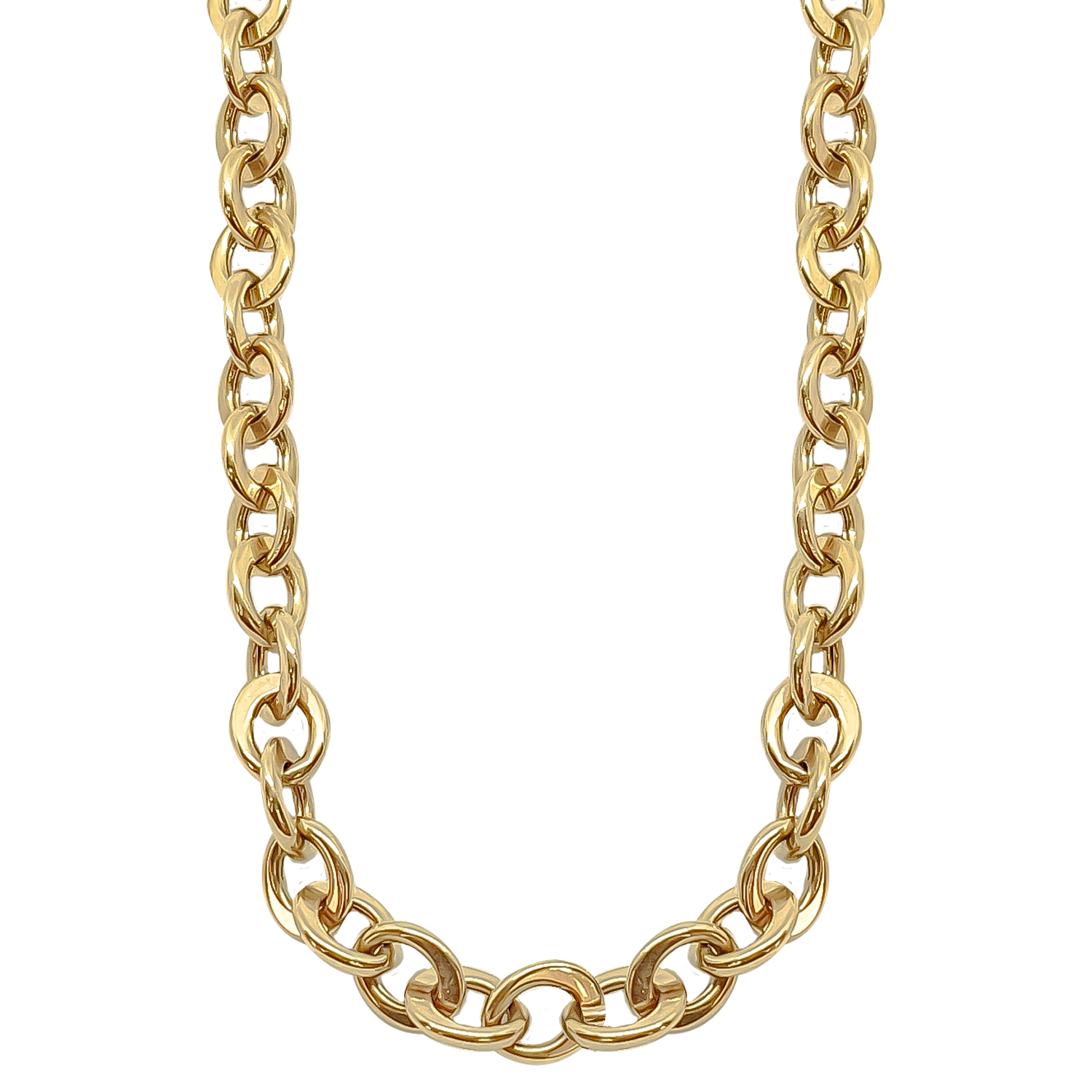 Flat Oval Link chain in 9ct Yellow Gold in hollow tubes for a lighter weight on your shoulders.