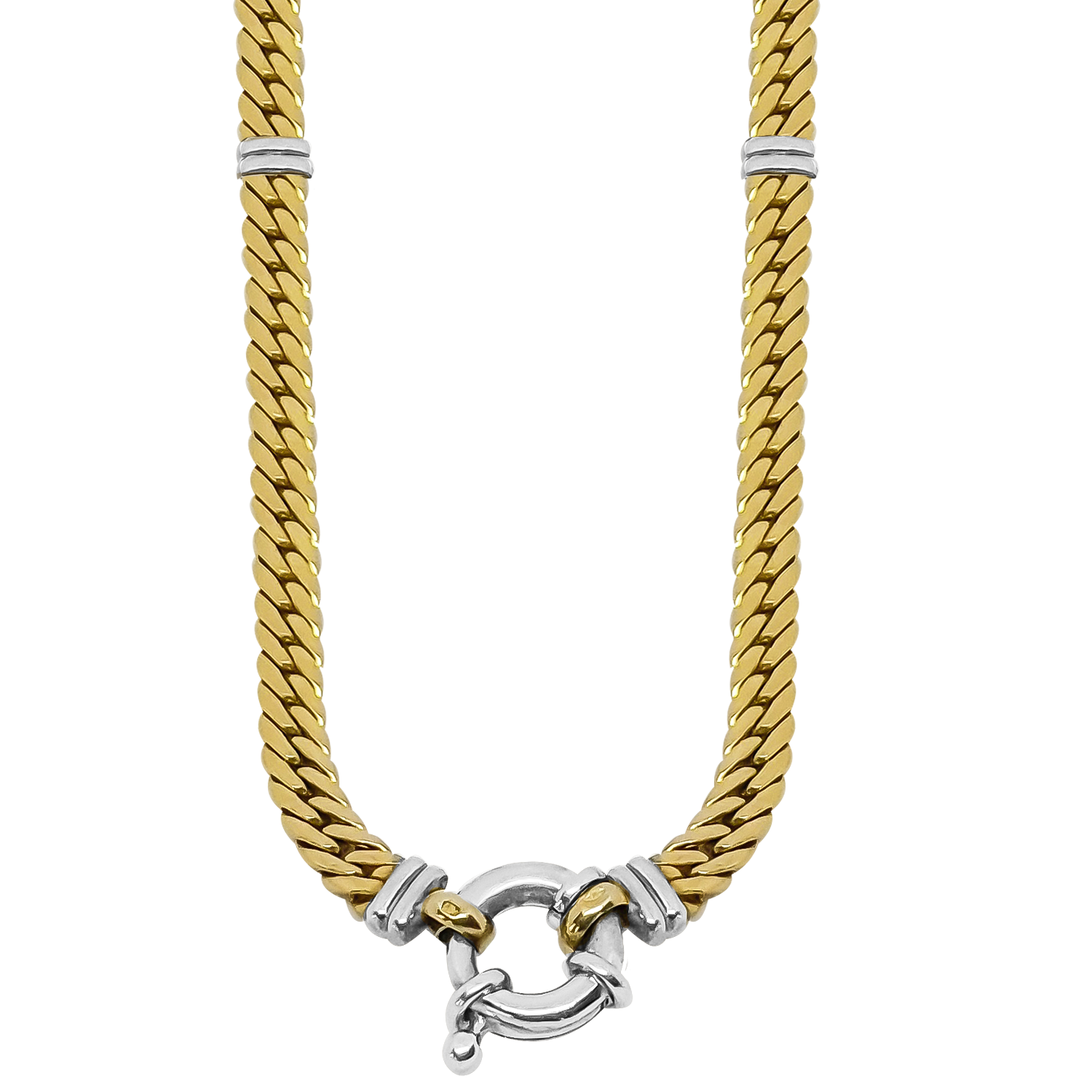 45cm Curb-Link Chain in 9ct Yellow Gold and White Gold Caps in hollow tubes for a lighter weight on your shoulders.